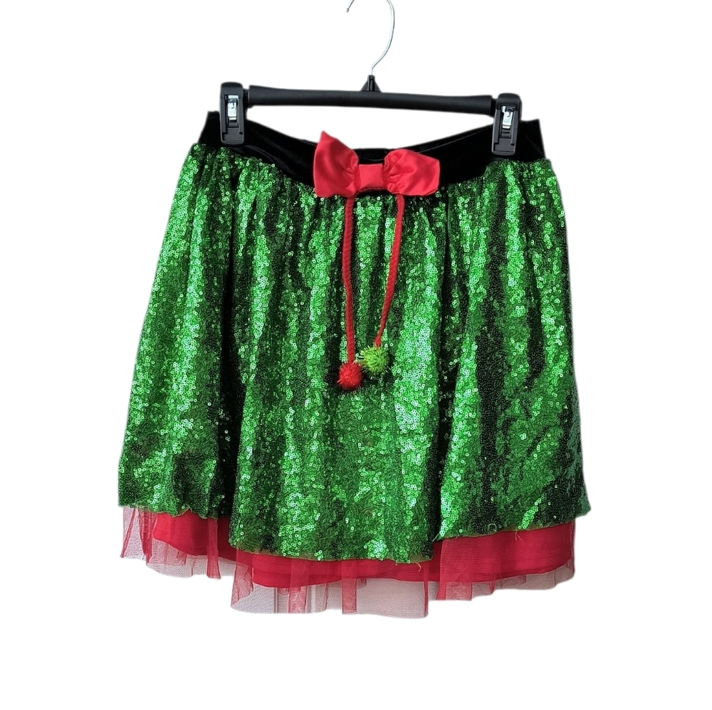 Love on a Hanger Festive Christmas Party Green Sequin Skirt w/ Red Bow L NWT
